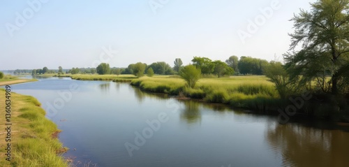 Still summer river, sparse green banks, calm water, peaceful scene, quiet, current, bank