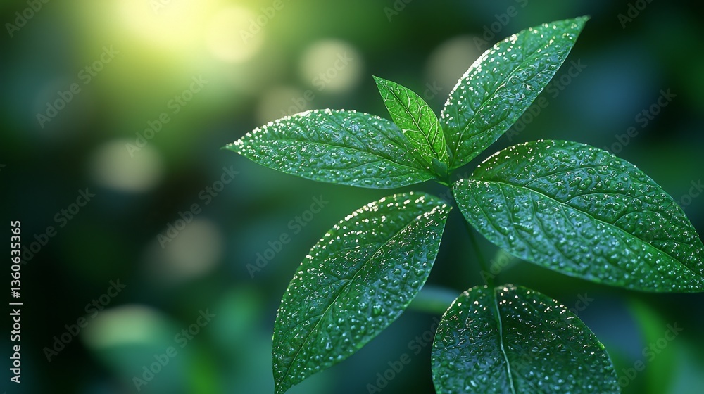 A close up of a green leaf with water droplets on it A close up of a green leaf with water droplets on it
