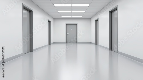 A long sterile hallway with multiple closed doors and a shiny reflective floor in a modern medical facility or office building.
