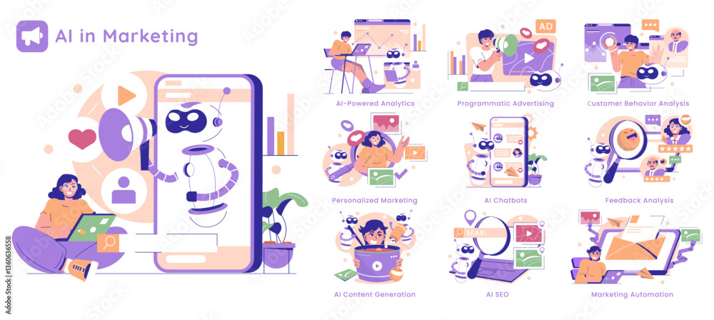 Fototapeta premium AI In Marketing. Flat Vector Illustration