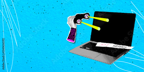 Retro collage style search bar. Hand with halftone effect and shadow. Vector banner with binoculars and eyes.