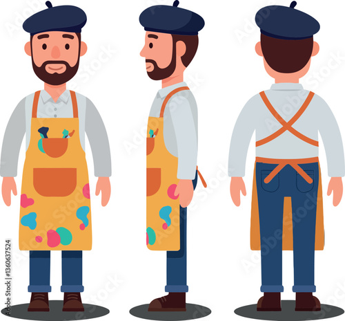 A cheerful artist wearing a colorful apron and beret, showcasing a friendly demeanor in a flat vector illustration design