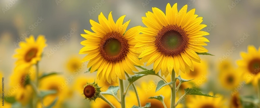 Fototapeta premium Vibrant yellow wild sunflowers in full bloom, blurred background, picture, wild