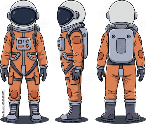 Astronaut in an orange space suit with a helmet and backpack in a flat vector illustration showcasing multiple angles of the character