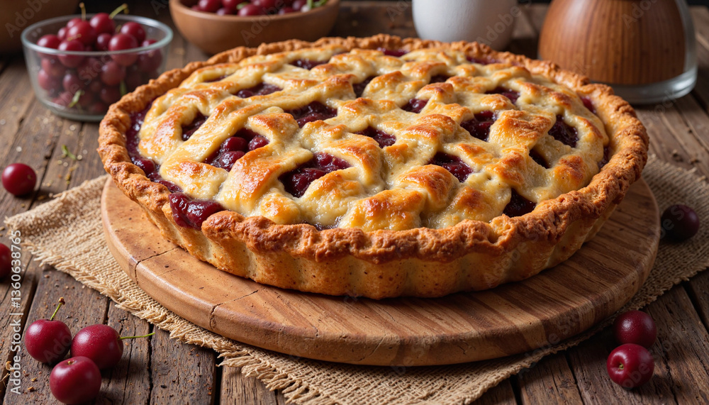 Homemade cherry pie resting on wooden table, rustic comfort Homemade cherry pie resting on wooden table, rustic comfort
