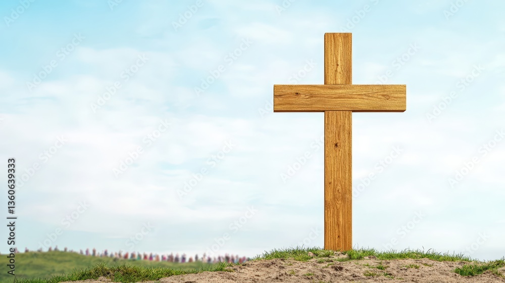 A simple wooden cross stands tall against a serene blue sky overlooking a grassy field symbolizing faith hope and peace on a bright sunny day. A simple wooden cross stands tall against a serene blue sky overlooking a grassy field symbolizing faith hope and peace on a bright sunny day.