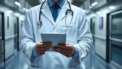 Doctor using tablet in hospital corridor