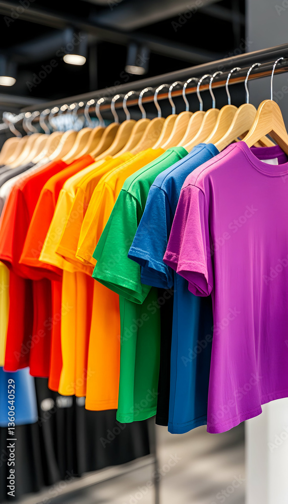 Obraz premium Rainbow T-shirts hanging in retail store display