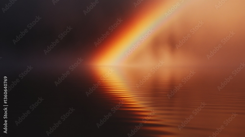 A rainbow shimmering on the surface of a calm lake in the early morning light. A rainbow shimmering on the surface of a calm lake in the early morning light.