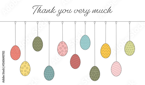 Thank you very much - Schriftzug in englischer Sprache - Vielen Dank. Karte mit hängenden bunten Ostereiern.