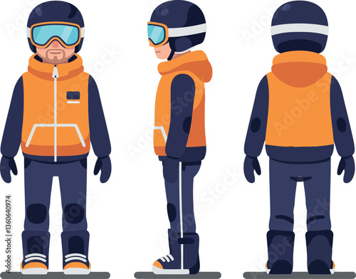 A stylized male snowboarder in a bright orange jacket showcasing various angles in a flat vector illustration, exuding a sporty and adventurous atmosphere