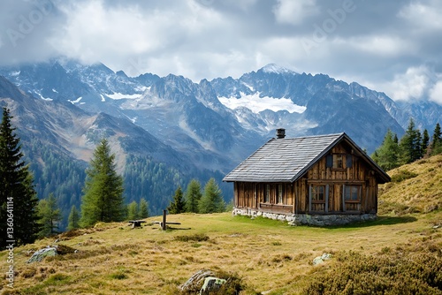 cozy house in mountains glows with rustic scenic beauty  

