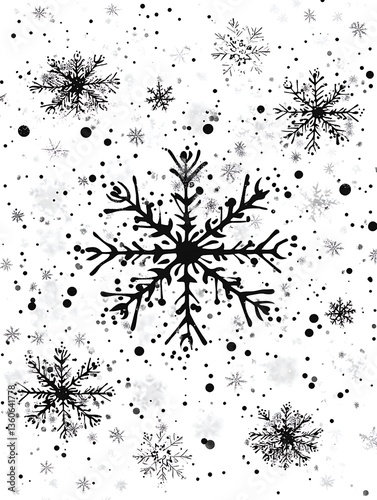 A collection of stylized black and white snowflakes scattered around