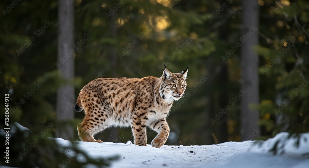 Obraz premium A beautiful lynx walking in the snowy forest looking around