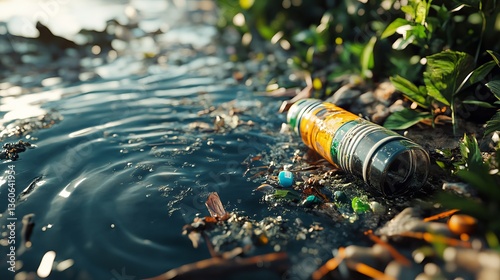 Polluted Water Plastic Bottle Waste Environmental Pollution Dirty Water Stream Ecological Disaster Nature Problem Trash Debris Contaminated River     