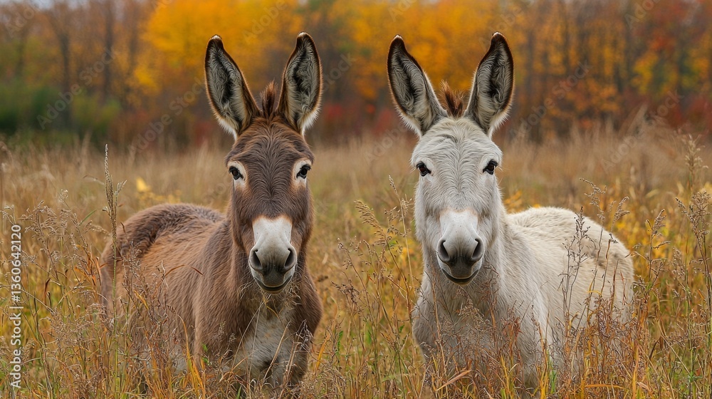Two donkeys standing in a field of tall grass Two donkeys standing in a field of tall grass