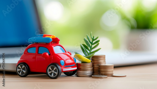 Red toy car, coins, laptop; saving for travel