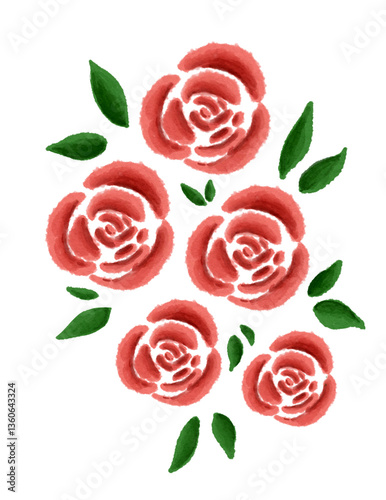 The image displays a charming, hand-painted-style illustration of five red roses arranged in a loose, slightly clustered bouquet. Each rose is depicted with layered petals
