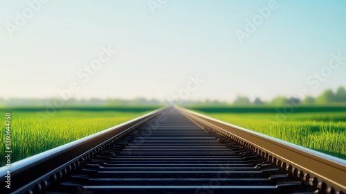 A scenic railroad track extends towards a vibrant green field under a clear bright sky promising journey and adventure ahead.