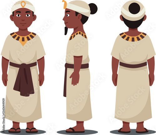 Ancient Egyptian character design showcasing three poses in flat vector illustration style with traditional attire and accessories, embodying cultural heritage and artistic detail
