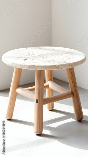 Round stone top side table on light wood legs, minimalist interior