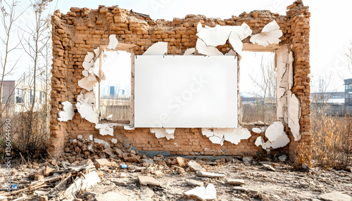 Ruined brick wall with blank sign, urban decay