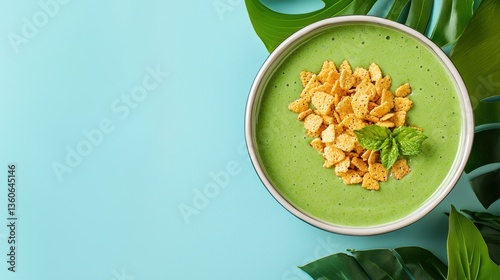 A refreshing green smoothie bowl topped with crunchy cornflakes and fresh mint leaves sits on a vibrant blue background surrounded by lush tropical leaves.