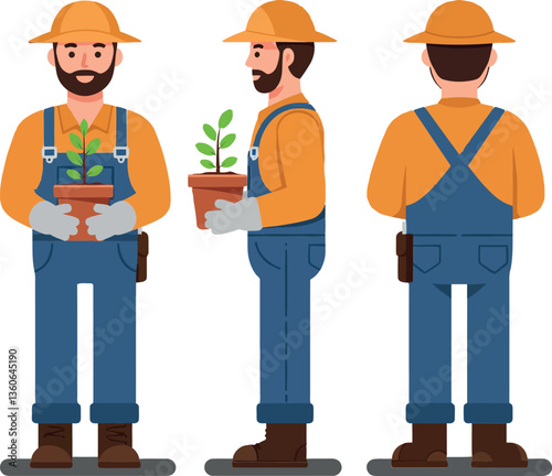 Gardener in denim overalls holding potted plants in a cheerful flat vector illustration showcasing dedication and nurturing spirit in a vibrant gardening scene