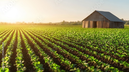 A rustic wooden barn stands proudly in a vast field of vibrant green crops bathed in the warm golden light of a setting sun showcasing agricultural serenity.