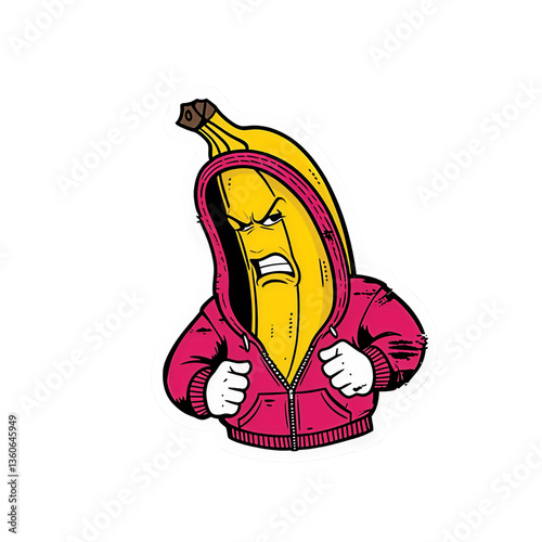 angry and bright banana in a hood, sticker funny banana