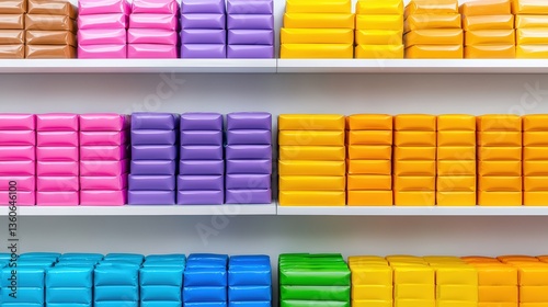 A brightly colored display of various chocolate bars neatly stacked on white shelves in a retail store showcasing a vibrant and organized product arrangement.