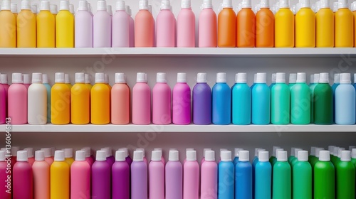 A vibrant collection of colorful plastic bottles arranged neatly on white shelves showcasing a spectrum of pastel and bright hues perfect for cosmetic or cleaning product ing.
