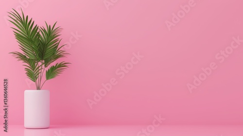 A vibrant green palm plant in a sleek white cylindrical pot stands against a minimalist millennial pink wall background creating a stylish and modern interior design scene.