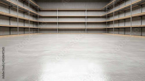 A spacious empty warehouse interior features numerous empty metal shelving units against a polished concrete floor ideal for storage and logistics concepts.