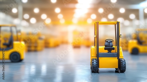 A yellow forklift sits in a large warehouse amongst many other forklifts ready for work in a busy distribution center.