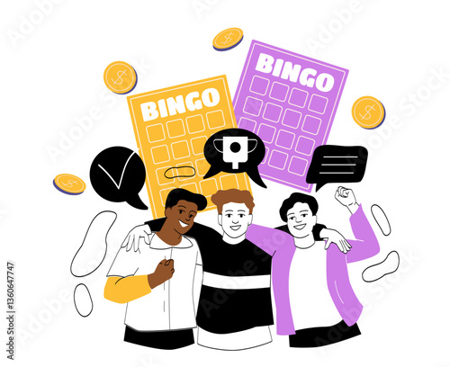 Friends celebrating bingo win. Vector illustration