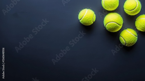 Six bright yellow tennis balls arranged on a dark gray background providing ample copy space for text or design elements ideal for sports related projects or advertising.