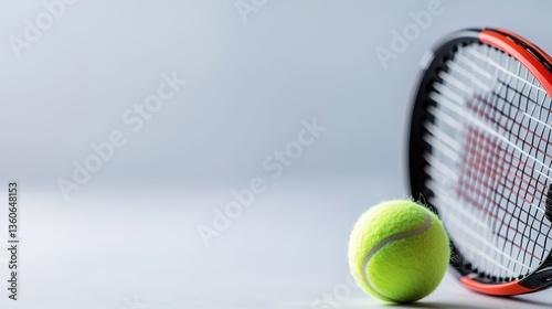 A vibrant yellow tennis ball rests near a modern red and black tennis racket against a clean gray background perfect for sports related designs and advertisements.