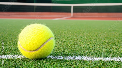 A vibrant yellow tennis ball rests on the green artificial turf of a tennis court near the baseline with the net in the background ready for a game.