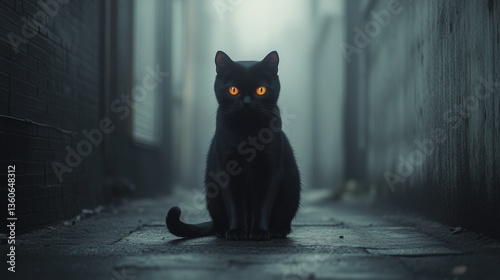 Black cat with glowing eyes sitting stoically in a dark alley, surrounded by fog