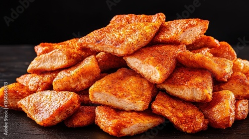 A delicious pile of seasoned and crispy fried tofu pieces sits on a dark wooden surface ready to be eaten as a tasty snack or appetizer.