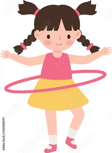 A cheerful girl in a pink top and yellow skirt joyfully hula hooping in a playful, flat design vector illustration