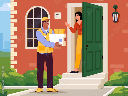 Delivery man handing packages to woman. Vector illustration
