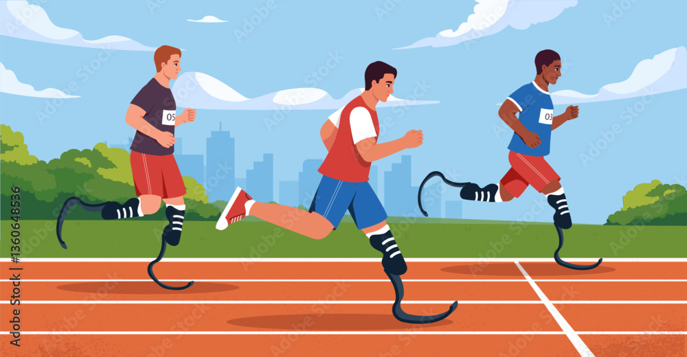 Obraz premium Athletes with prosthetic legs racing. Vector illustration