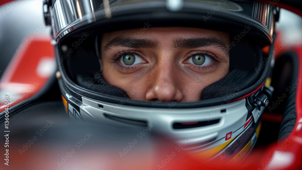 Bokeh close-up portrait of a Formula 1 driver in the cockpit of a red car Bokeh close-up portrait of a Formula 1 driver in the cockpit of a red car