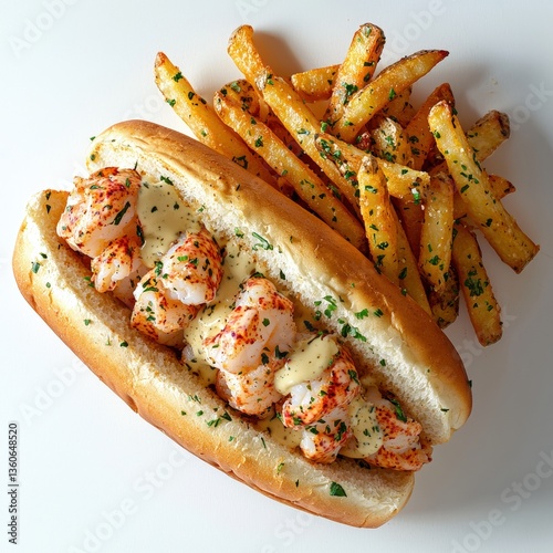 A delicious lobster roll sits on a white background alongside a generous portion of crispy golden french fries seasoned with fresh parsley.