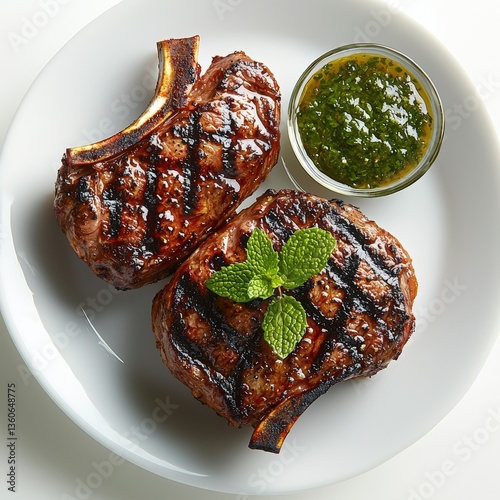 Two delicious grilled ribeye steaks are presented on a white plate with a side of vibrant green chimichurri sauce garnished with fresh mint leaves for a mouthwate culinary