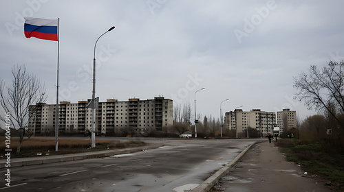 landscape of the Russian-occupied city, destroyed high-rise buildings as a result of fighting in the city, russian flag beside the road photo