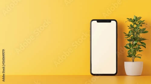 A modern smartphone with a blank screen stands upright on a yellow surface next to a small potted plant against a bright yellow background providing ample copy space for your