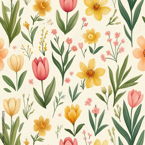 Floral pattern with hand-painted spring tulips and wildflowers on cream